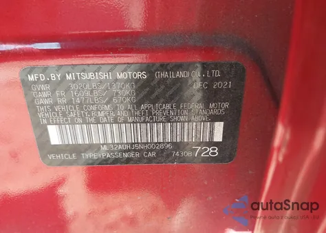 2022 Mitsubishi Mirage Es/Le z USA, uszkodzony, nr VIN ML32AUHJ5NH002896